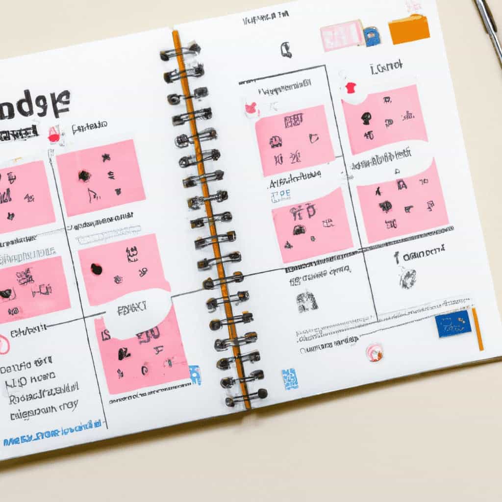 Open planner with pink sticky notes and drawings.